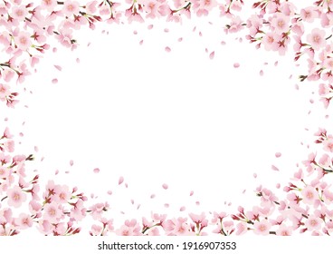 Cherry blossom trees in full bloom, cherry blossom arch, landscape illustration Decoration, frame, enclosure decoration  (lateral length)