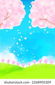 Cherry blossom trees full blooming and petals falling in the meadow illustration, vector