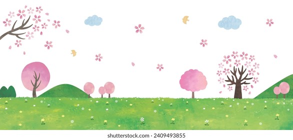 Cherry blossom trees and grasslands watercolor