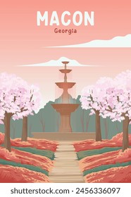 cherry blossom trees in macon vintage travel illustration design, water fountain outdoor in macon georgia