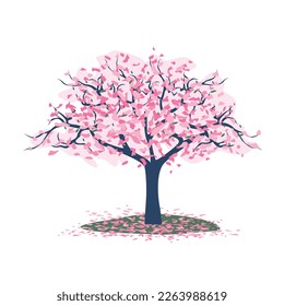 árboles de flores de cerezo, en un campo esparcido con pétalos .ilustración vectorial aislada en fondo blanco. Estilo japonés.