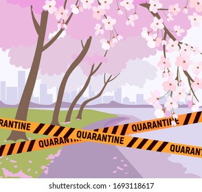 Los cerezos florecen en el río. El Parque está cerrado para cuarentena debido al coronavirus. Gráficos vectoriales de Sakura y cinta de barrera. Prohibición de visitar lugares públicos.