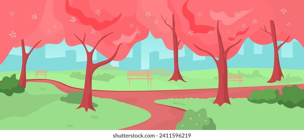 Cherry blossom trees in park with benches, cityscape in background. Spring season park landscape with blooming pink trees vector illustration.