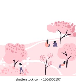 Cherry blossom trees in park, people have a picnic sitting under pink spring blooming sakura. Hanami festival. Vector illustration with blank copyspace.