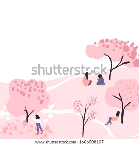 Cherry blossom trees in park, people have a picnic sitting under pink spring blooming sakura. Hanami festival. Vector illustration with blank copyspace.