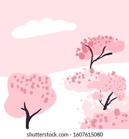 Cherry blossom trees in park, pink spring blooming sakura. Hanami festival. Vector illustration with blank copyspace.