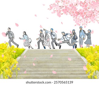 Cherry blossom trees and rape blossoms blooming on the bank, male and female students walking along the bank, stairs on the bank, graduation and entrance, vertical vector illustration white background