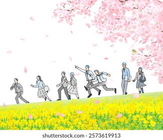 Cherry blossom trees and rape blossoms running along the bank, male and female students - full body - graduation and entrance - people simple vector illustration white background vector illustration