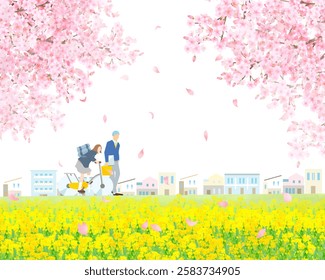 Cherry blossom trees and rape blossoms blooming along the bank, men and women students walking and biking, graduation and entrance, people vector illustration white background vector illustration