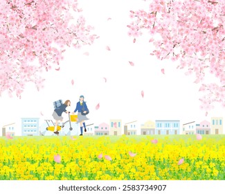 Cherry blossom trees and rape blossoms blooming along the bank, men and women students walking and biking, graduation and entrance, people vector illustration white background vector illustration