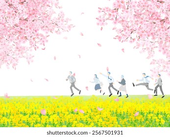 Cherry blossom trees and students running along the bank, male and female, profile, full body, graduation and entrance, simple vector illustration of a person, white background.