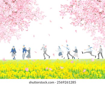 Cherry blossom trees and students walking along the bank, male and female, profile, full body, graduation and entrance, simple vector illustration of a person, white background vector illustration.