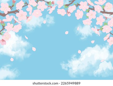 Cherry blossom tunnel frame with petals falling in the blue sky. A4 size horizontal type. Vector illustration.