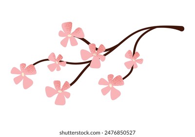 Cherry blossom twig. Delicate spring flowers on tree branch. Beautiful blooming floral plant sprig, gentle summer buds. Botanical natural flat vector illustration isolated on background