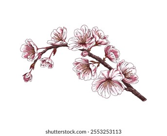 Esboço de galho de flor de cereja. Sakura ramo de flor rosa. Elemento de design de flor desenhado à mão. Folhagem de planta de jardim de verão. Ilustração de cor de vetor floral de primavera isolada. Hanami japonês