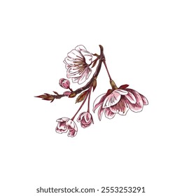 Cherry blossom twig sketch. Sakura pink flower branch. Hand drawn bloom nature design element. Summer garden plant foliage. Spring floral vector color illustration isolated. Japanese Hanami