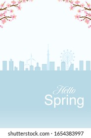 Cherry blossom twigs and silhouette of cityscape, vertical layout - included words "Hello spring"