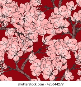 Cherry blossom vector background illustration. Seamless flowers pattern with sakura blooming. Can be used for print, fabric, wrapping, scrap booking
