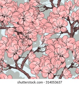 Cherry blossom vector background. Seamless flowers pattern.