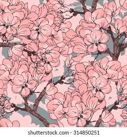 Cherry blossom vector background. Seamless flowers pattern.