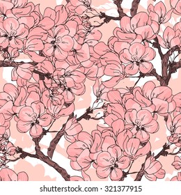 Cherry blossom vector background. Seamless flowers pattern.