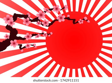 Cherry blossom vector frame. pink sakura and sunset background