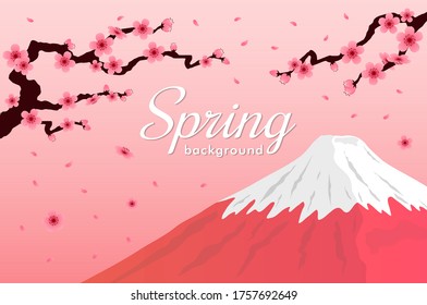 Marco vectorial de flor de cerezo. fondo rosa de sakura y montaña fuji