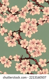 Cherry blossom vector illustration, blossoming cherry tree branch, branch with blooming flowers, spring background, cherry blossom background, japanese cherry tree, stylish spring illustration