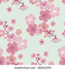 cherry blossom vector illustration for fabric. sakura blooming spting seamless pattern. pale color elegant seasonal repeatable motif.
