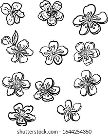 Ilustración vectorial de la flor de cerezo en blanco aislado. Flor de plumas para el dibujo de doodle en segundo plano. Vector de sakura para el diseño de tatuajes. Flor de símbolo de la colección de flores japonesas. Floral hermosa.
