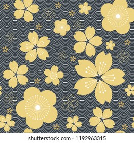 Cherry blossom vector with Japanese pattern background. Wave elements.