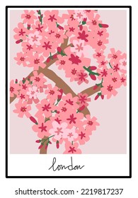 Cherry blossom vector with London written below, for web banner template, branding package, fabric print, wallpaper, social media post, doodle, notes, book covers, wall decor