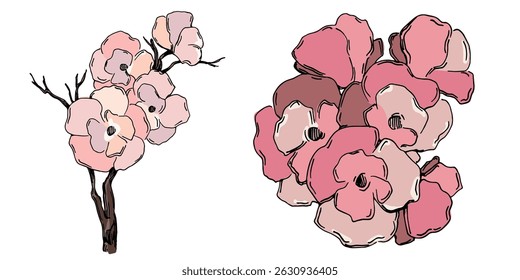 Vetor de flor de cerejeira. Fundo de flor de sakura rosa. Vetor de flor de flor de cerejeira. Ramo de flor de cereja com flor de sakura. Sakura sobre fundo branco.