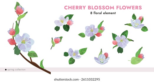 Cherry blossom vector set with 8 white floral elements: buds, flowers, and leaves. Perfect for spring designs, invitations, wedding decor, packaging, and romantic botanical compositions