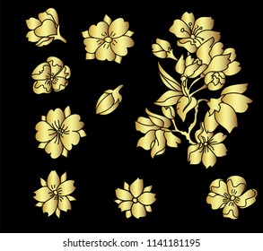 Cherry blossom vector set. Sakura flower and branch vector.