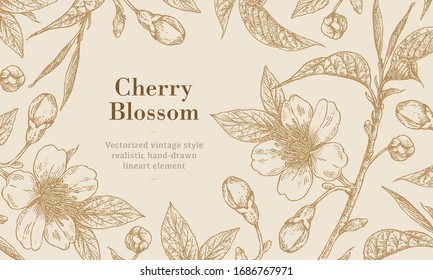 Cherry blossom vectorized vintage hand drawn lineart elements	