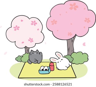 Cherry blossom viewing with a cat and a rabbit.
