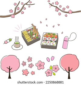 Cherry blossom and cherry blossom viewing hand drawn icon set