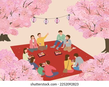 Cherry blossom viewing. Picnic in springtime.