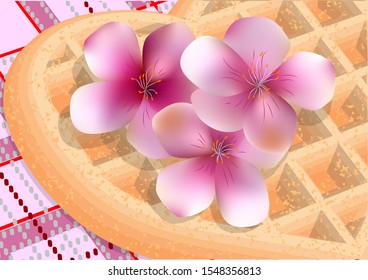 cherry blossom and waffleson a checkered tablecloth