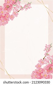 Cherry Blossom Water colour hand paint with golden on peach marble background,Vector spring flower, illustration Pink Sakura with copy space for text for Wedding Invitation, Mother day, Valentine day