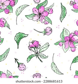 Cherry blossom watercolor seamless pattern. Beautiful vector hand drawn background for textile, fabric.