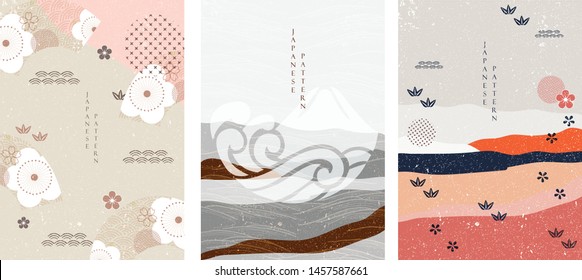 Cherry blossom, wave and bamboo with Japanese pattern vector. Flower and Japanese icons element background.