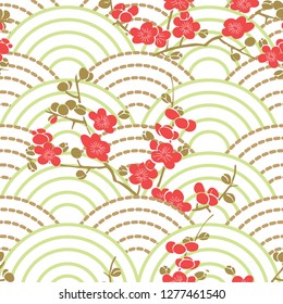 Cherry blossom and wave pattern vector. Japanese background.