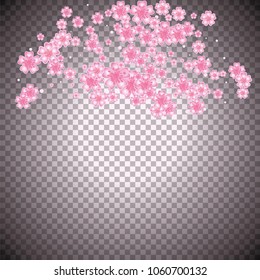 Cherry blossom wavy frame or border on transparent backdrop
