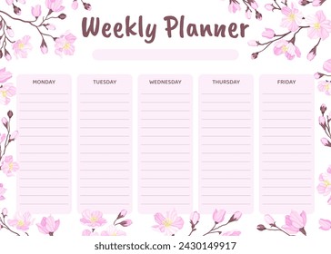 Cherry Blossom Weekly Planner Design with Blooming Pink Flower Vector Template