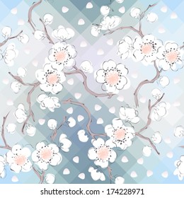 Cherry blossom, white petals are falling. Seamless background pattern. Will tile endlessly. 