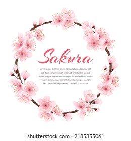 Cherry blossom wreath. Circular floral frame with sakura, wedding invitation with pink flowers and copy space, spring background. Poster template. Vector decoration 3d isolated element - Shutterstock ID 2185355061