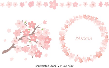 Cherry blossom wreath and frame set. Cherry blossom vector illustration.