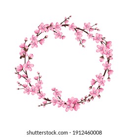 Cherry blossom wreath. Pink cute sakura flowers . Spring pink blooming composition with buds. Festive decorations for wedding, holiday, postcard, poster and design. Vector illustration